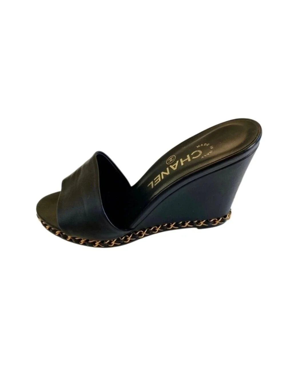 CHANEL Black Leather Chain Slide Mules with Gold Logo